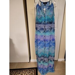 Jessica Simpson Blue Aztec Mosaic Print Button Front Maxi Dress Womens Size M